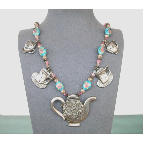 Whimsical Silver Teapot & Cup Charm Necklace With Colorful Beads - Picture 1 of 3